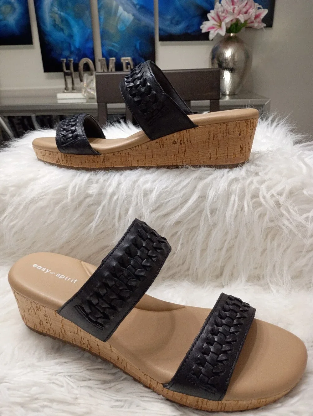 Easy Spirit Lillia Black Braided Faux Leather Double-Strap Cork Wedge Sandal 9.5